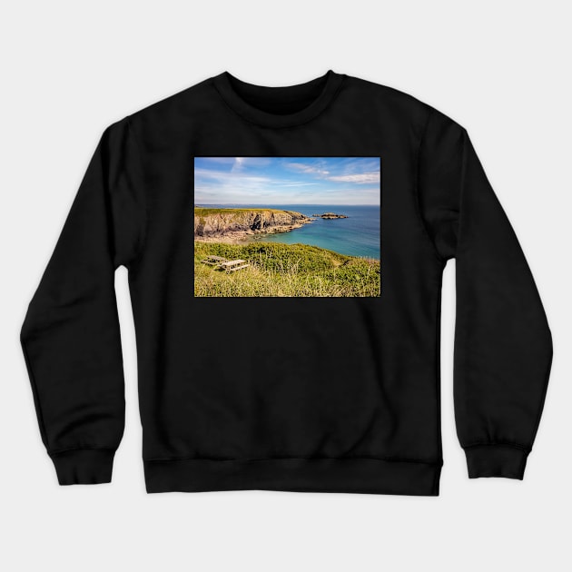 Bench with a view on the Welsh coast Crewneck Sweatshirt by yackers1